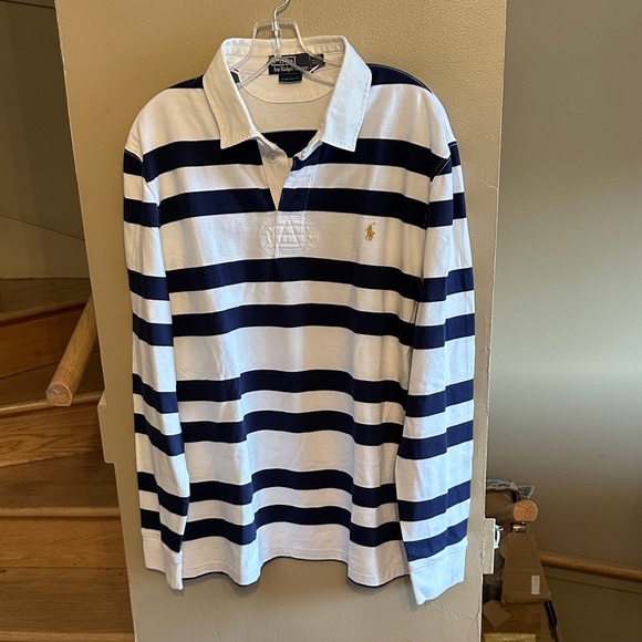 Polo by Ralph Lauren Men's Long Sleeve button up Navy and White Striped Tee